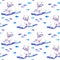 Polar bear animal on ice with fishes. Seamless pattern. Watercolor