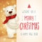 Polar Bear with big signboard. Merry Christmas calligraphy lettering design