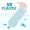 The polar bear climb to trash plastic bottle. Vector illustration with lettering NO PLASTIC. Climate change, SAVE EARTH