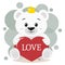 Polar bear in the crown sits and holds in the paws a red heart with the inscription love, in the style of cartoons.