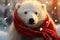Polar bear cub in a red scarf, pure winter enchantment