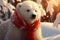 Polar bear cub in a red scarf, pure winter enchantment