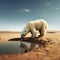 Polar bear in the desert instead of the Arctic. Concept of climate change and global warming. Created with generative AI