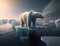 Polar bear on drift ice edge with snow and water in arctic sea. White big animal in the nature habitat. Wildlife scene