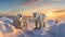 Polar bear family in Canadian Arctic sunset. Generative Ai