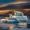 A polar bear family sharing a New Years Eve feast on an ice floe under the Northern Lights1