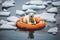 A polar bear floats on a lifebuoy in the Arctic. Global warming concept