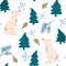 Polar bear in the forest seamless pattern. Christmas Repeating Pattern. Fir trees, bears, snowflakes and cones. Vector winter