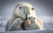 Polar bear with her twin cubs sleeping in an affectionate moment, in morning, generative AI