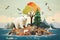 Polar bear on the island in the lake illustration. stranded polar bear, stranded on a barren island, AI Generated