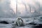 A polar bear and its cub against the background of smoking factory chimneys. The concept of global warming and the negative impact