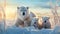 A polar bear mom and cubs walk through the Arctic tundra