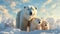 A polar bear mom and cubs walk through the Arctic tundra