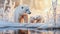 A polar bear mom and cubs walk through the Arctic tundra