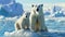 Polar bear mother and cub standing on melting ice floe, animals losing their habitat and global warming concept. generative ai