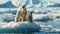 Polar bear mother and cub standing on melting ice floe, animals losing their habitat and global warming concept. generative ai