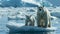 Polar bear mother and cub standing on melting ice floe, animals losing their habitat and global warming concept. generative ai