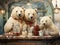 A polar bear mother and her cubs share a moment of delight in an ice cream parlor