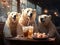 A polar bear mother and her cubs share a moment of delight in an ice cream parlor