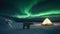 Polar bear near camping tent under green northern lights or aurora, generative AI