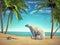 Polar bear relaxing on a tropical beach