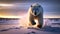 Polar bear running in the arctic sunset. Generative AI.