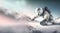 Polar bear snowboarder, snowboarding. Beautiful mountains background. Banner. Banner. Copy space. Generative AI. Copy