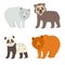 Polar bear, spectacled bear, panda and brown bear set. Flat cartoon vector illustration