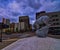 A polar bear statue overlooks downtown in the city of Tulsa