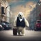 a polar bear with a suit case walking down the street