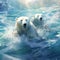 Polar bear swimming in water. Two bears playing on drifting ice with snow. White animals in the nature habitat Alaska Canada