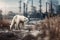 Polar bear walking in front of an industrial factory emitting smoke into the air