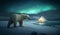 Polar bear walks near camping tent under green northern lights or aurora, generative AI