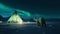 Polar bear walks near camping tent under green northern lights or aurora, generative AI
