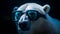 Polar bear wearing a pair of glasses with glowing blue lenses, Ai-generated.