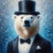 Polar bear wearing tuxedo suits and black top hat in oil painting art style on abstract pole background