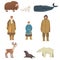 Polar Inhabitants and Animals Set, Arctic Mammals and People in Authentic Traditional Outfit Cartoon Vector Illustration