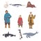 Polar Inhabitants and Animals Set, Arctic Sea Animals and People Wearing Eskimos Traditional Clothes Cartoon Vector