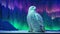 Polar owl in front of frozen waterfall with vibrant illumination by polar lights, AI generative