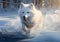 Polar white fox in graceful pose in the snow, with snowy trees around. AI generative