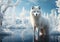 Polar white fox in graceful pose in the snow, with snowy trees around. AI generative