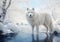 Polar white fox in graceful pose in the snow, with snowy trees around. AI generative