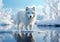 Polar white fox in graceful pose in the snow, with snowy trees around. AI generative