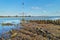 Pole and natural groyne in the river Weser at Elsflether Sand Germany