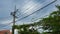 Pole for urban communications lines, power lines, green vegetation, overcast sky