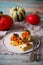 Polenta crostini with butternut squash ricotta sage.selective focus