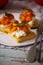 Polenta crostini with butternut squash ricotta sage.selective focus