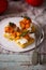 Polenta crostini with butternut squash ricotta sage.selective focus