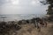 POLHENA BEACH / SRI LANKA -15/01/2019 beautiful panorama seascape day view of two old bicycles parked on the sand beach, with