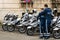 Police agent on motorcycle, Romanian Police Politia Rutiera car patrolling streets to avoid curfew breaches amid the spread of